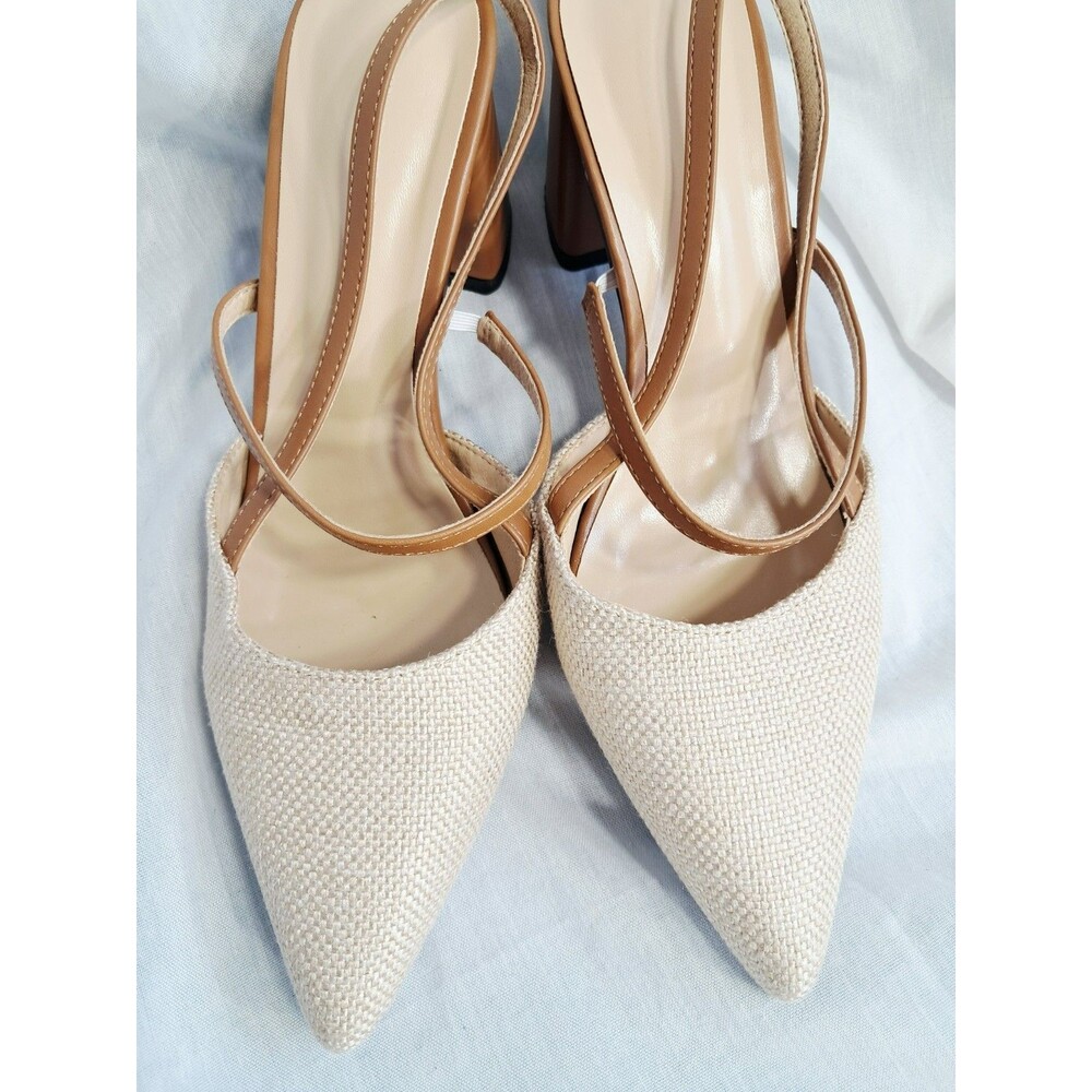 Women’s Point Toe Slingback Chunky Heels – Brown & Beige Linen  41 US 10 - Picture 6 of 10